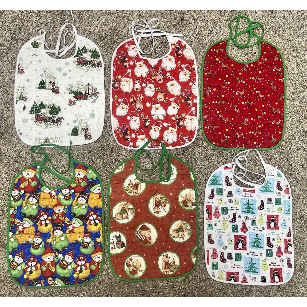 Lot‎ Of 6 Quilted Handmade Christmas Baby Bib  Large Size 12" X 9"